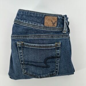 American Eagle Jeans Womens 4 Blue Denim Stretch Kick Bootcut Distressed Outdoor